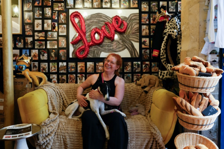 Rebecca Anhalt, propriétaire du café pour chiens "Le Bone Appart", avec son chien Napoléon, un whippet, le 7 mai 2026 à Paris ( AFP / Xavier GALIANA )