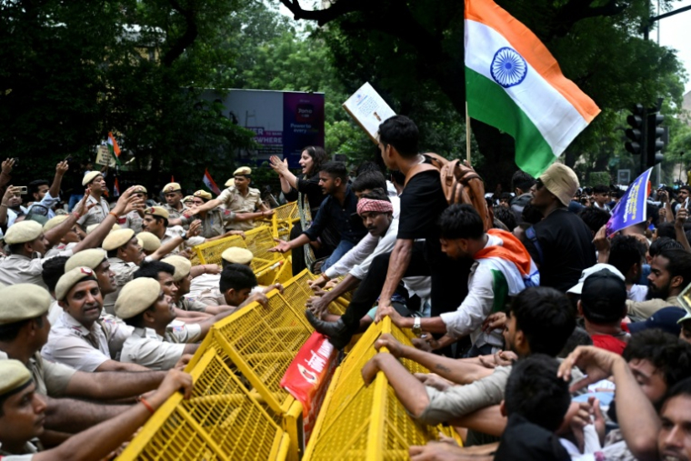 Des militants et sympathisants du "Parti du peuple des cafards" (CJP) affrontent les forces de l'ordre lors d'une manifestation réclamant la démission du ministre de l'Éducation, Dharmendra Pradhan, en raison de fraudes présumées lors d'examens universitaires, le 20 juillet 2026 à New Delhi, en Inde ( AFP / Arun SANKAR )