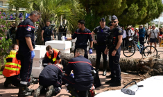 Des pompiers portent secours à un passant blessé après la chute d'un palmier sur la Croisette pendant le 78e Festival de Cannes, le 17 mai 2025 dans le sud de la France ( AFP / Miguel MEDINA )