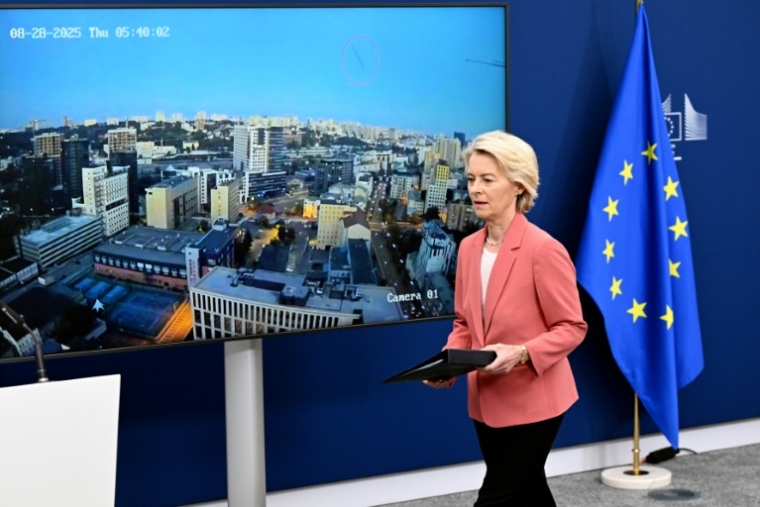 La présidente de la Commission européenne Ursula von der Leyen, à Bruxelles, le 28 août 2025 ( AFP / Nicolas TUCAT )