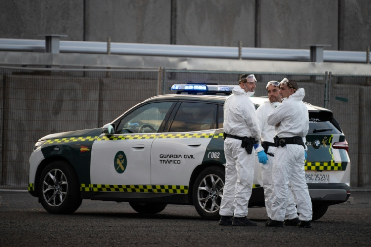 Des policiers espagnols en tenue de protection, sur le port où accoste le MV Hondius, à Tenerife, le 10 mai 2026 ( AFP / JORGE GUERRERO )