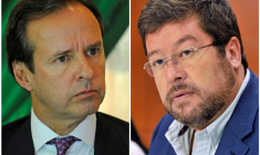 Montage photo montrant deux candidats à la présidentielle en Bolivie à La Paz, l'homme d'affaires de centre droit Samuel Doria Medina (à droite) le 25 septembre 2014 et l'ancien président de droite Jorge Quiroga (à gauche) le 12 avril 2017. ( AFP / Jorge Bernal )
