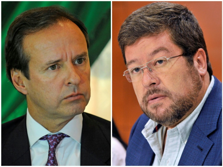 Montage photo montrant deux candidats à la présidentielle en Bolivie à La Paz, l'homme d'affaires de centre droit Samuel Doria Medina (à droite) le 25 septembre 2014 et l'ancien président de droite Jorge Quiroga (à gauche) le 12 avril 2017. ( AFP / Jorge Bernal )