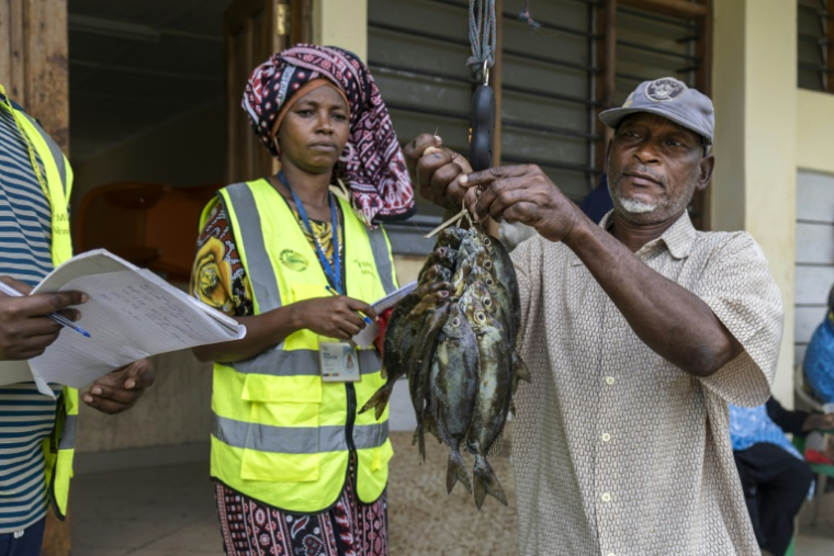 Un pêcheur remet sa prise aux responsables de l’unité locale de gestion de plage, qui surveille et protège les récifs autour de l’île de Wasini-Mkwiro (Kenya), le 14 juin 2026  ( AFP / Tony KARUMBA )