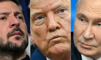 Portraits, de gauche à droite, des présidents ukrainien Volodymyr Zelensky, américain Donald Trump et russe Vladimir Poutine  ( AFP / Drew ANGERER )