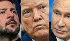 Portraits, de gauche à droite, des présidents ukrainien Volodymyr Zelensky, américain Donald Trump et russe Vladimir Poutine  ( AFP / Drew ANGERER )