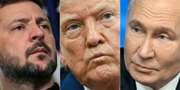Portraits, de gauche à droite, des présidents ukrainien Volodymyr Zelensky, américain Donald Trump et russe Vladimir Poutine ( AFP / Drew ANGERER )