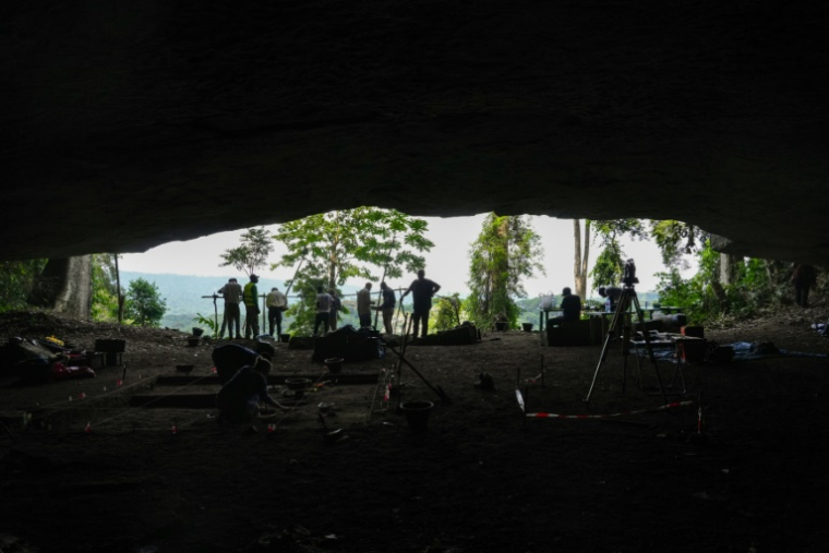 Des archélogues fouillent la grotte de Youmbidi à Lastourville (Gabon) le 27 juin 2025 ( AFP / Nao Mukadi )