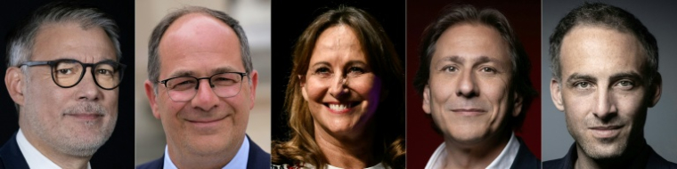 Photomontage réalisé le 16 septembre 2026 montrant les cinq candidats à la primaire de la gauche: (de g à d) Olivier Faure, Emmanuel Maurel, Ségolène Royal, Jérôme Guedj et Raphaël Glucksmann ( AFP / Bertrand GUAY )