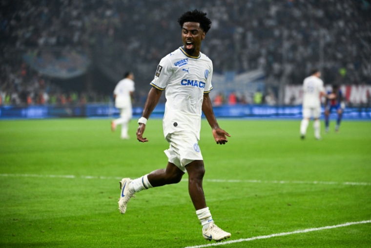 Le milieu de terrain de Marseille Angel Gomes après son but égalisateur contre le PSG, le 20 septembre 2026 au Vélodrome ( AFP / Justine MEDDAH                )