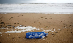 Une bouteille en plastique sur le sable d'une plage de Bretignolles-sur-Mer
