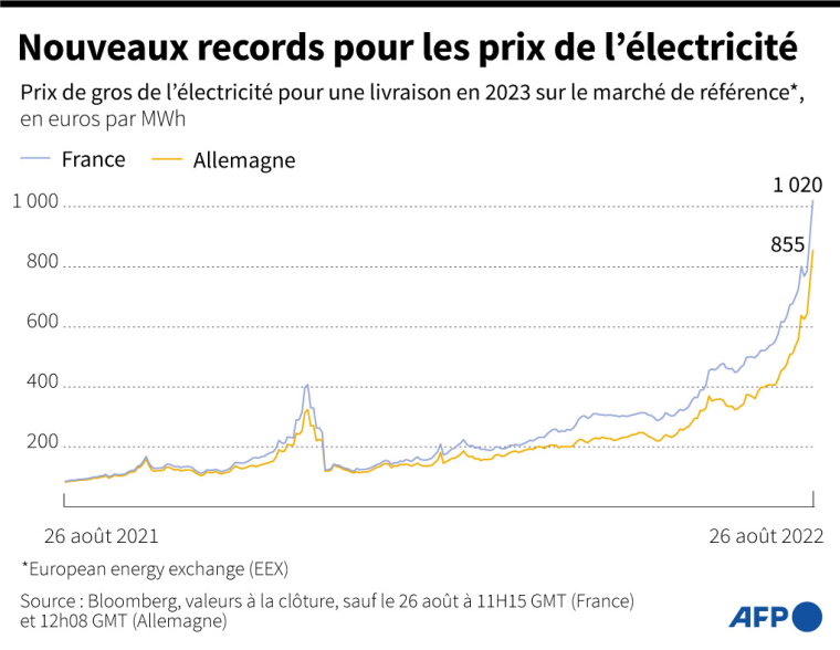 Evolution des prix de gros de l'électricité pour 2023 en Allemagne et en France, sur un an, depuis le 26 août 2021 ( AFP / )