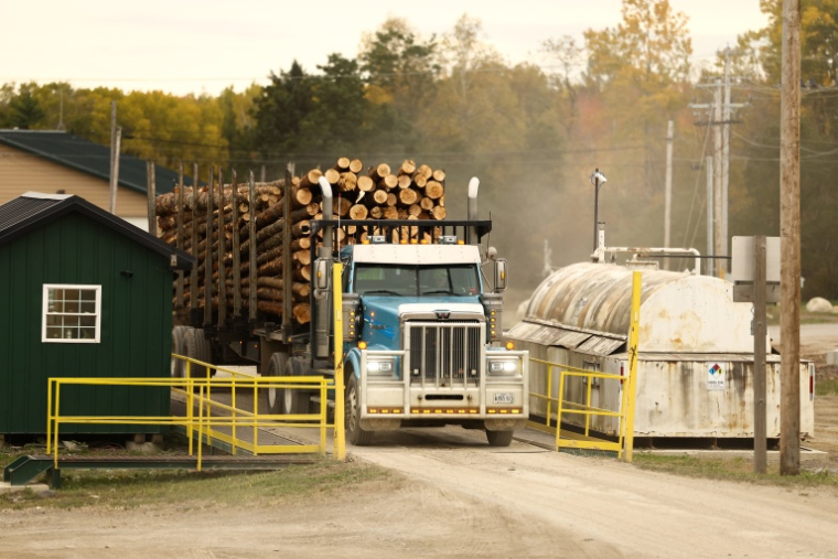 Un camion transportant des grumes de bois à la scierie Pleasant River Lumber à Enfield, dans le Maine, le 13 octobre 2026, aux Etats-Unis ( AFP / CHARLY TRIBALLEAU )