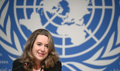 Amy Pope, cheffe de l'Organisation internationale pour les migrations (OIM), à Genève le 2 octobre 2023. ( AFP / FABRICE COFFRINI )