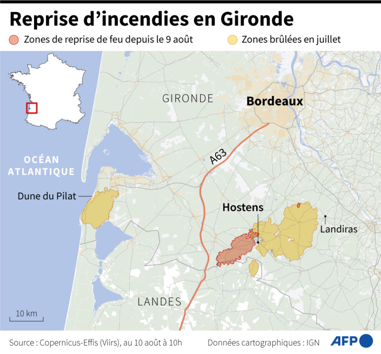 Carte de Gironde montrant les zones de reprises d'incendies depuis le 9 août et les zones déjà brûlées en juillet ( AFP / )
