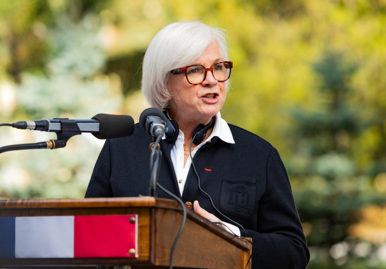 Catherine Vautrin, ministre des Armées, à Sibiu (Roumanie), le 30 octobre 2025. ( AFP / OVIDIU MATIU )