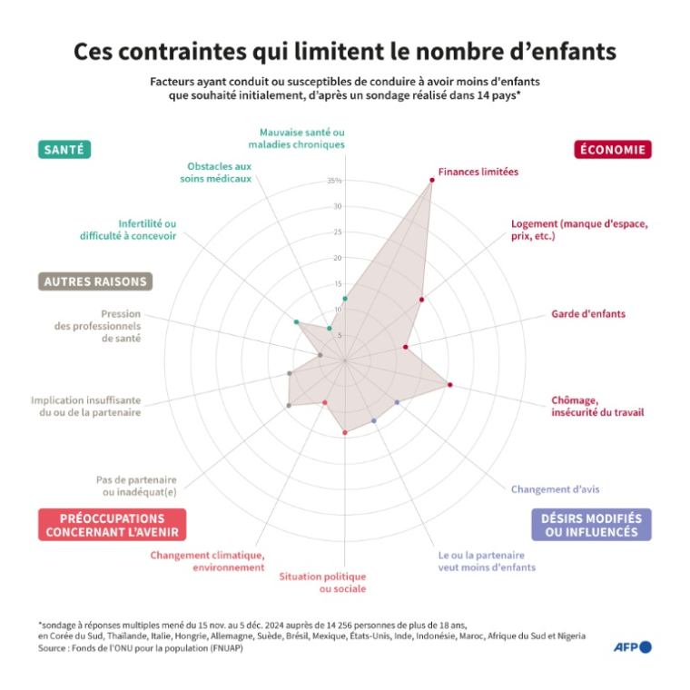Graphique montrant les facteurs ayant conduit ou susceptibles de conduire les personnes à avoir moins d'enfants que souhaité initialement, d’après un sondage réalisé fin 2024 pour le FNUAP dans 14 pays représentant 37% de la population mondiale ( AFP / Sylvie HUSSON )