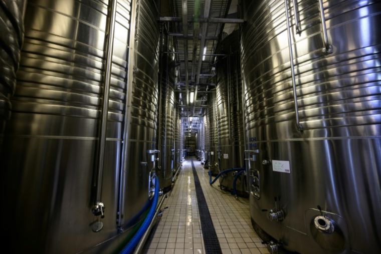 Des cuves appartenant à la coopérative Vivadour, qui a lancé avec la start-up Moderato un site de désalcoolisation du vin, le 25 juin 2025 à Vic-Fezensac, dans le Gers  ( AFP / Lionel BONAVENTURE )