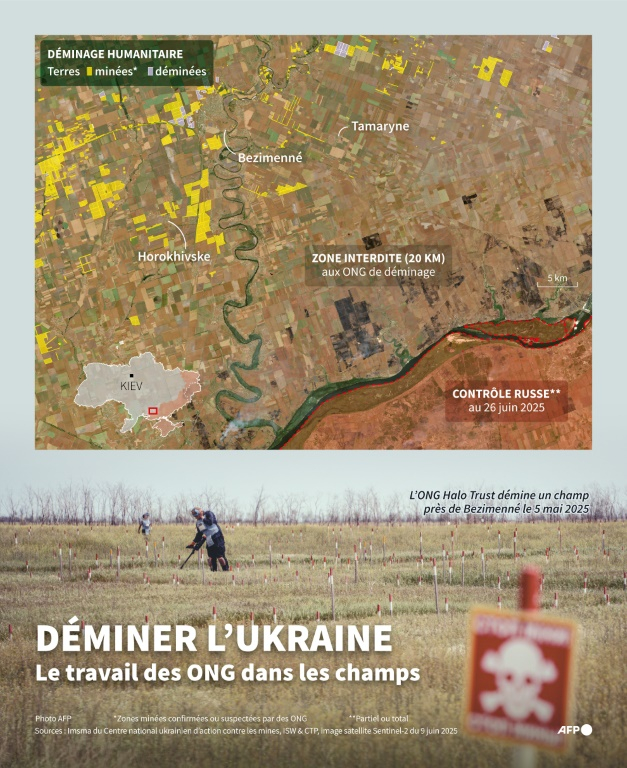Carte des alentours de Bezimenné, dans l'oblast de Mykolaïv, en Ukraine, montrant les zones minées (confirmées ou suspectées) recensées par des humanitaires, au 27 juin 2025 ( AFP / Nalini LEPETIT-CHELLA )