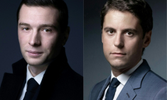 Montage réalisé le 7 mai 2024 du président du Rassemblement national (RN) Jordan Bardella (G), le 31 janvier 2024 à Paris, et de l'ex-Premier ministre Gabriel Attal, le 23 septembre 2020, à Paris  ( AFP / JOEL SAGET )