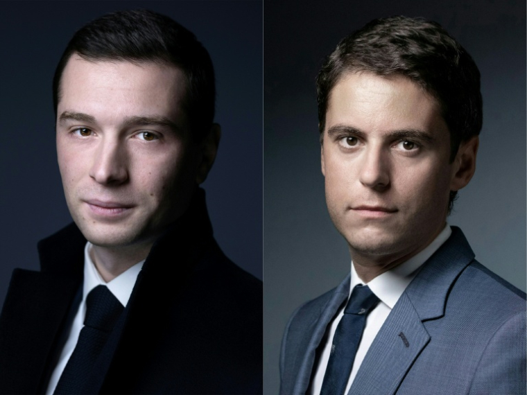 Montage réalisé le 7 mai 2024 du président du Rassemblement national (RN) Jordan Bardella (G), le 31 janvier 2024 à Paris, et de l'ex-Premier ministre Gabriel Attal, le 23 septembre 2020, à Paris  ( AFP / JOEL SAGET )