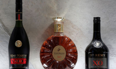 FILE PHOTO: Bottles of Remy Martin VSOP cognac, Remy Martin XO cognac and St-Remy XO Brandy are displayed at the Remy Cointreau SA headquarters in Paris