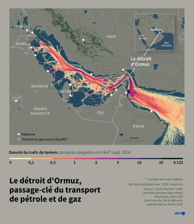 Carte du Golfe montrant les raffineries et terminaux de gaz naturel liquéfié opérationnels en février 2026, ainsi que le trafic maritime de tankers dans la région du Golfe, et en particulier au niveau du détroit d'Ormuz ( AFP / Nalini LEPETIT-CHELLA )