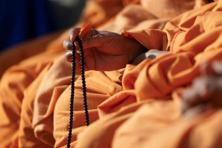 Un moine hindou de l'organisation BAPS lors d'une cérémonie religieuse sur la Seine, à Paris, le 3 septembre 2026 ( AFP / Kenzo TRIBOUILLARD )