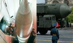 Combinaison d'images du 5 février 2026 montrant à gauche une image fournie par l'US Air Force d'un technicien inspectant un missile LGM-30G Minuteman III dans un silo situé dans le Dakota, aux Etats-Unis et à gauche un missile balistique intercontinental A RS-24 Yars sur la place Rouge à Moscou le 9 mai 2025 lors du défilé du jour de la victoire ( US AIR FORCE / Kirill KUDRYAVTSEV )