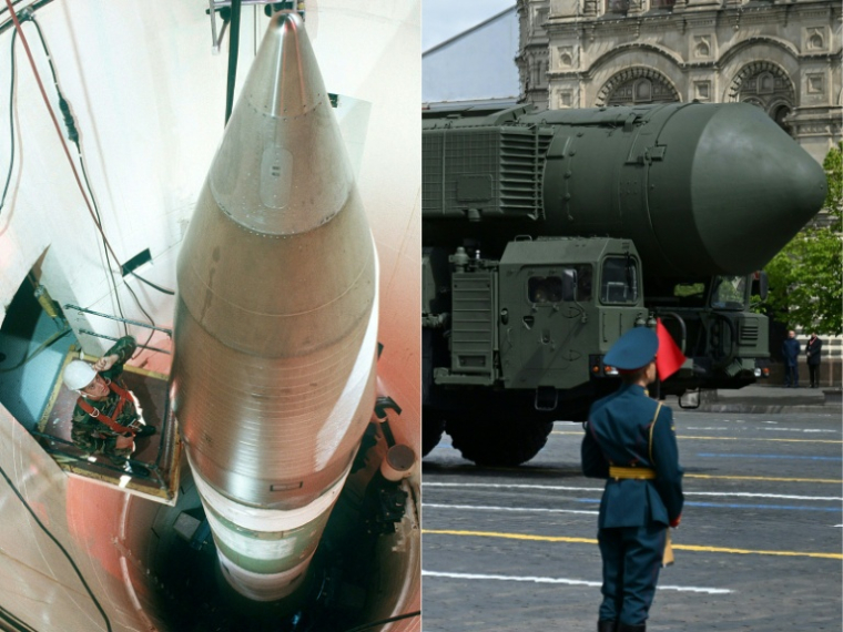 Combinaison d'images du 5 février 2026 montrant à gauche une image fournie par l'US Air Force d'un technicien inspectant un missile LGM-30G Minuteman III dans un silo situé dans le Dakota, aux Etats-Unis et à gauche un missile balistique intercontinental A RS-24 Yars sur la place Rouge à Moscou le 9 mai 2025 lors du défilé du jour de la victoire ( US AIR FORCE / Kirill KUDRYAVTSEV )