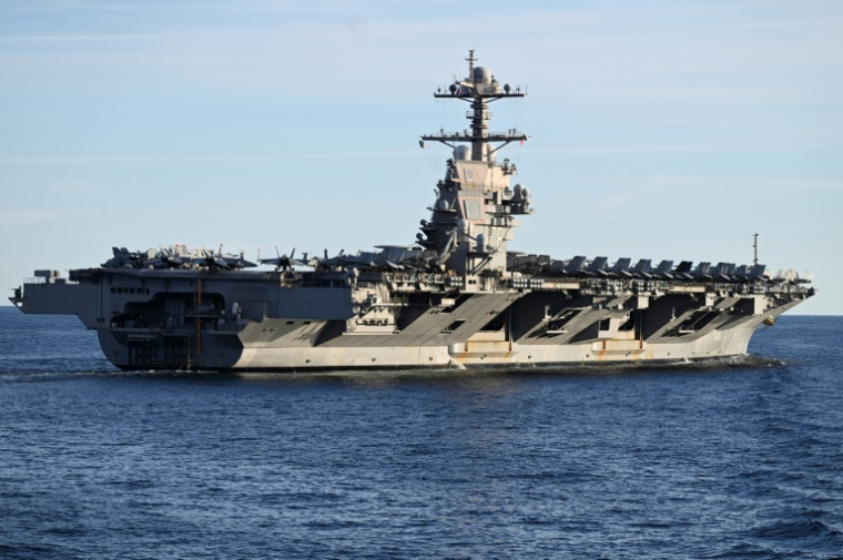 Le porte-avions USS Gerald R. Ford lors l'exercice Neptune Strike 2025 de l'Otan, le 24 septembre 2025 en mer du Nord ( AFP / Jonathan KLEIN )
