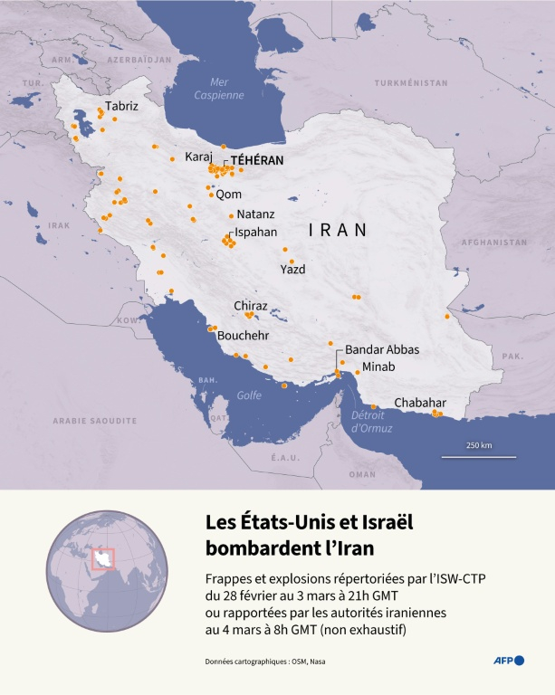 Carte d'Iran localisant des frappes et explosions répertoriées par l'Institute for the Study of War and AEI's Critical Threats Project, au 3 mars à 21h GMT, ou rapportées par les autorités iraniennes au 4 mars à 8h GMT (non exhaustif), après que les États-Unis et sraël ont lancé une opération militaire ( AFP / Luca MATTEUCCI )
