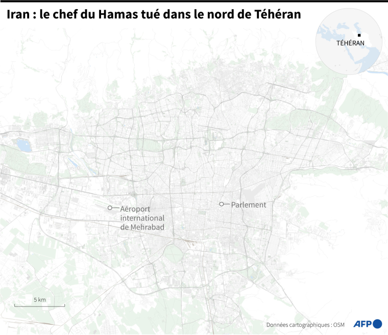 Carte de Téhéran en Iran où Ismaïl Haniyeh, chef politique du Hamas, a été tué mercredi ( AFP / Nalini LEPETIT-CHELLA )