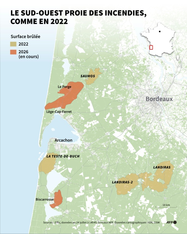 Carte montrant les zones brûlées en Gironde et dans les Landes lors de plusieurs mégafeux en 2022, et les deux incendies en cours le 24 juillet 2026, selon les données Effis du 24 juillet à 14h45 ( AFP / Jean-Michel CORNU )