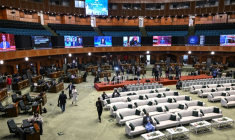 Le centre de presse mis en place pour les négociations Iran-Etats-Unis attendues à Islamabad, le 11 avril 2026 ( AFP / Aamir QURESHI )