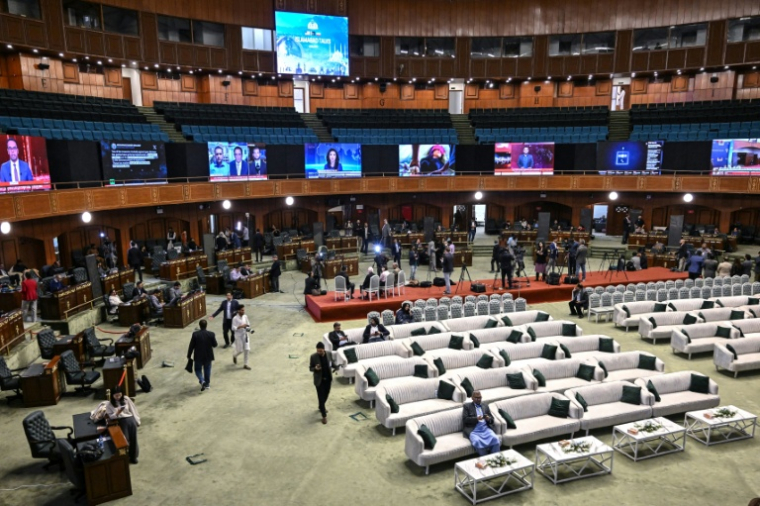 Le centre de presse mis en place pour les négociations Iran-Etats-Unis attendues à Islamabad, le 11 avril 2026 ( AFP / Aamir QURESHI )
