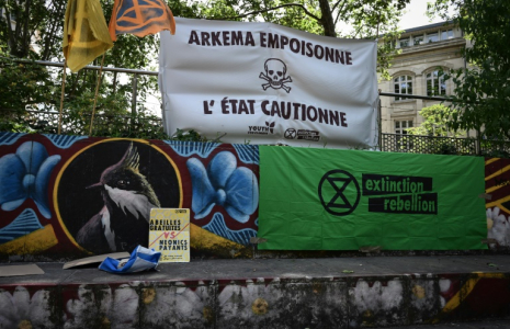 Une banderole indique "Arkema empoisonne, l'Etat soutient" lors d'un rassemblement devant le palais de justice de Lyon en soutien à des activistes poursuivis après une action anti-pollution en mars contre l'usine du chimiste Arkema, le 18 juin 2024 ( AFP / JEAN-PHILIPPE KSIAZEK )