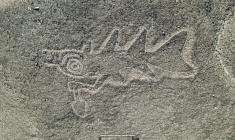 Photo non datée publiée par l'université japonaise de Yamagata montrant une des 303 géoglyphes des lignes de Nazca découvertes lors d'une étude réalisée à l'aide de l'intelligence artificielle ( Yamagata University Institute of Nasca / Handout )