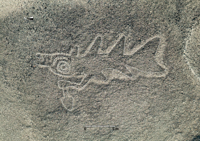 Photo non datée publiée par l'université japonaise de Yamagata montrant une des 303 géoglyphes des lignes de Nazca découvertes lors d'une étude réalisée à l'aide de l'intelligence artificielle ( Yamagata University Institute of Nasca / Handout )