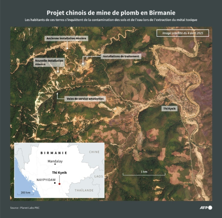 Image satellite Planet Labs PBC du 4 avril 2025 montrant l'emplacement d'une mine de plomb proche du village Thi Kyeik, en Birmanie ( AFP / Janis LATVELS )