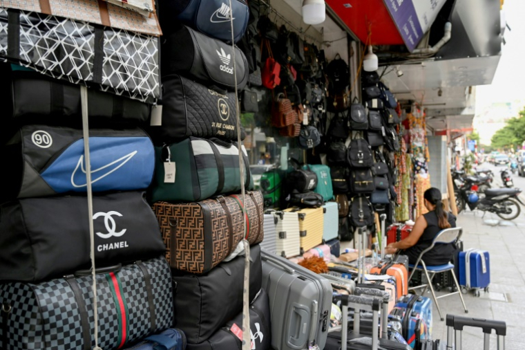 Des sacs avec les logos de marques internationales exposés à l'extérieur d'un magasin à Hanoï, le 10 juin 2025 au Vietnam ( AFP / Nhac NGUYEN )