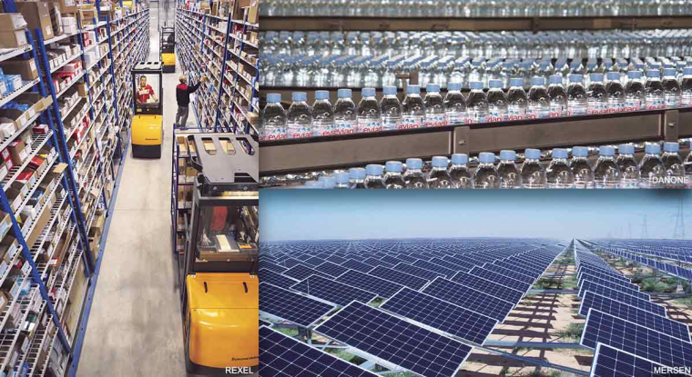 Nous avons sélectionné sept entreprises dont le dividende augmente par rapport à 2022. Parmi elles, Rexel (dividende de 1,20 euro par action versé en 2023), Danone (dividende de 2 euros) et Mersen (dividende de 1,25 euro). (© Rexel/Danone/Mersen)