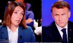 Le Président de la République Emmanuel Macron (D) a été confronté à la secrétaire générale de la CGT Sophie Binet sur le plateau de TF1, à Saint-Denis le 13 mai 2025. ( AFP / Ludovic MARIN )