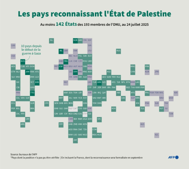 Cartogramme des pays membres reconnaissant l'Etat de Palestine, au 24 Juillet 2025, selon un décompte de l'AFP ( AFP / Olivia BUGAULT )