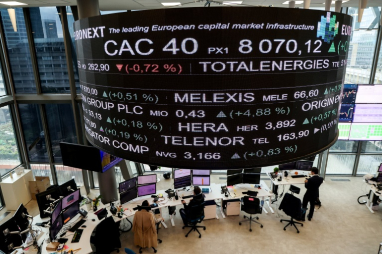 Euronext, dans le quartier d’affaires de La Défense, à l’ouest de Paris, le 9 octobre 2025. ( AFP / Ludovic MARIN )