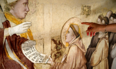 Une fresque du XIVe siècle de Giotto lors d'une visite de presse marquant la fin des travaux de restauration dans la basilique Santa Croce à Florence, le 12 juin 2026 en Italie ( AFP / Tiziana FABI )