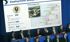 Une carte de la bande de Gaza est présentée lors de la réunion inaugurale du "Conseil de la paix", organisée par le président américain Donald Trump à Washington, le 19 février 2026 ( AFP / SAUL LOEB )