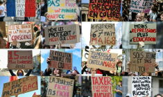 Combinaison de photographies créée le 14 octobre 2026 de pancartes brandies lors des manifestations lycéennes du 6 au 13 octobre 2026 dans plusieurs villes de France ( AFP / Lionel BONAVENTURE )