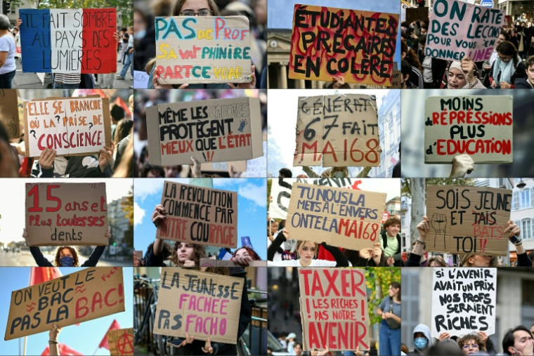 Combinaison de photographies créée le 14 octobre 2026 de pancartes brandies lors des manifestations lycéennes du 6 au 13 octobre 2026 dans plusieurs villes de France ( AFP / Lionel BONAVENTURE )