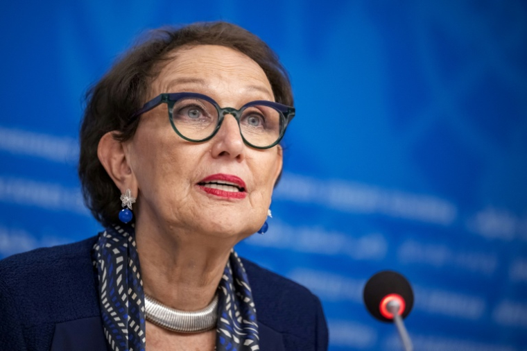 Rebeca Grynspan, secrétaire générale de l'Agence de l'ONU pour le commerce et le développement (Cnuced), lors d'une conférence de presse à Genève, le 22 octobre 2025 ( AFP / Fabrice COFFRINI )